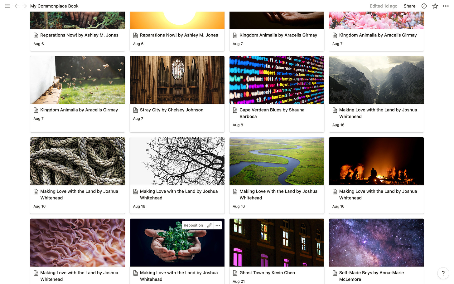 A screenshot of my commonplace book in Notion: A collection of sixteen small thumbnail images, arranged in rows, each above the title of a book. Images include rope, a river, trees, people sitting around a fire, a pair of hands holding seedlings, a cathedral, mountains, a galaxy.