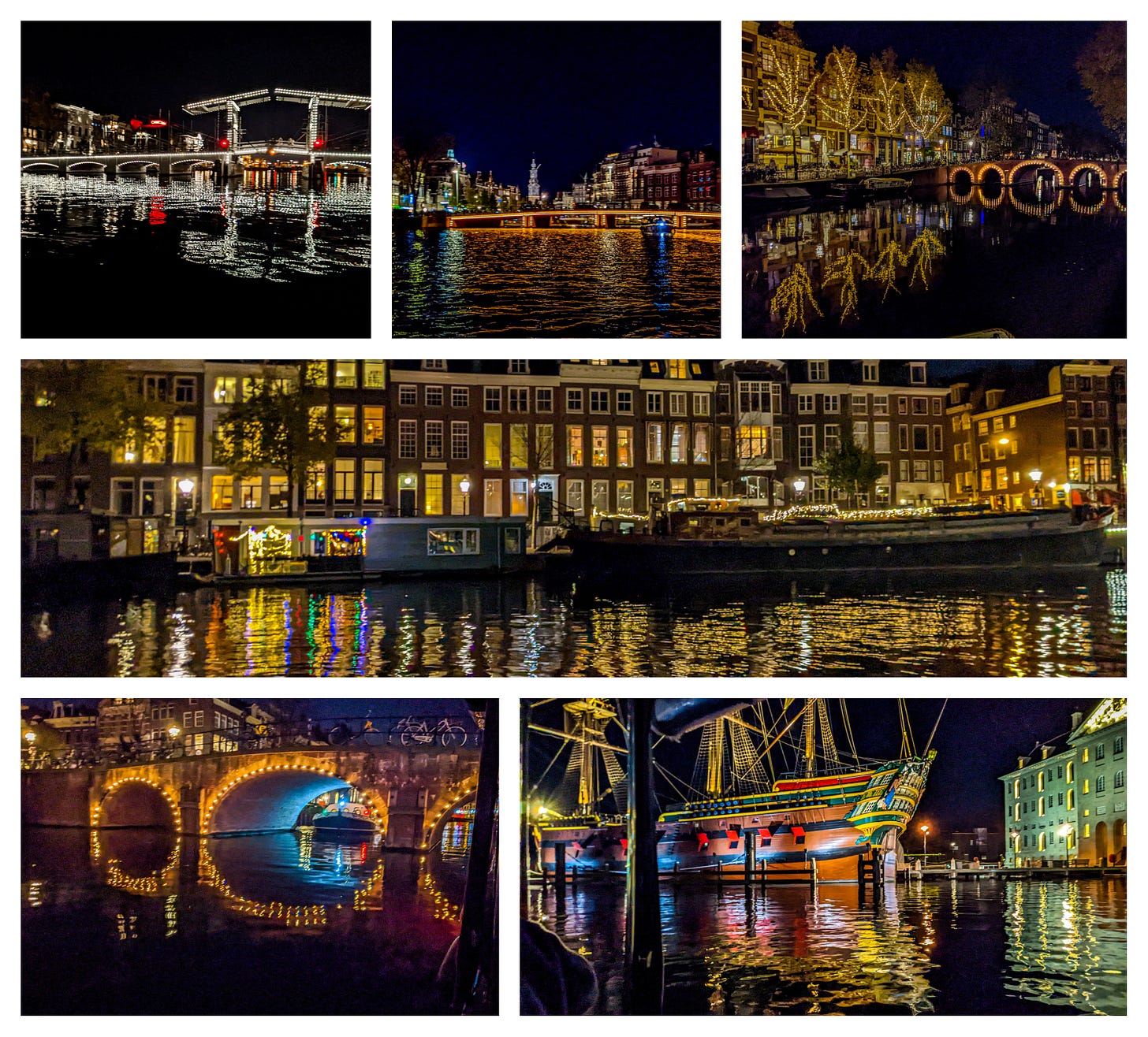 A variety of pictures showing Amsterdam's bridges at night as well as an old-fashioned trading ship, all light up at night. 