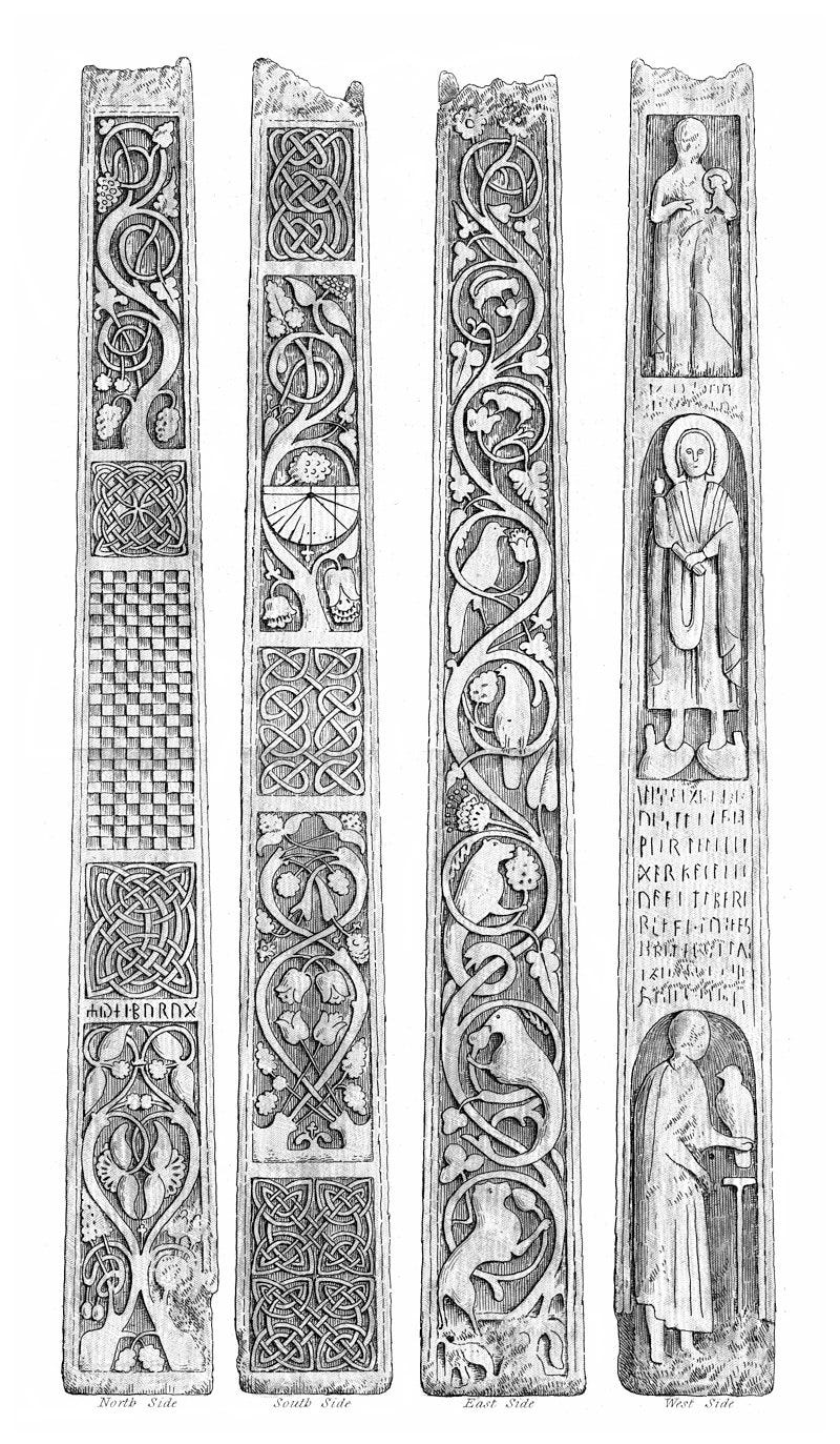 The four carved faces of the Bewcastle cross-shaft, featuring vine scroll motifs with birds and animals, geometric and interlace patterns, Christian ecclesiastical figures and a runic inscription