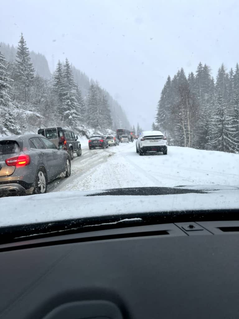 Traffic stuck on a snowy road