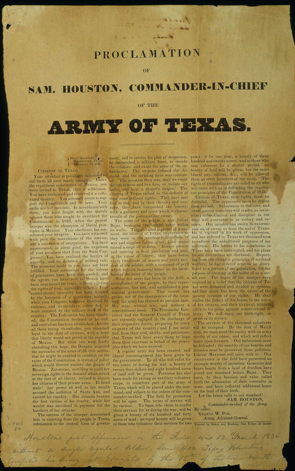 December 12, 1835, proclamation by General Sam Houston, Texas State Library &amp; Archives Commission