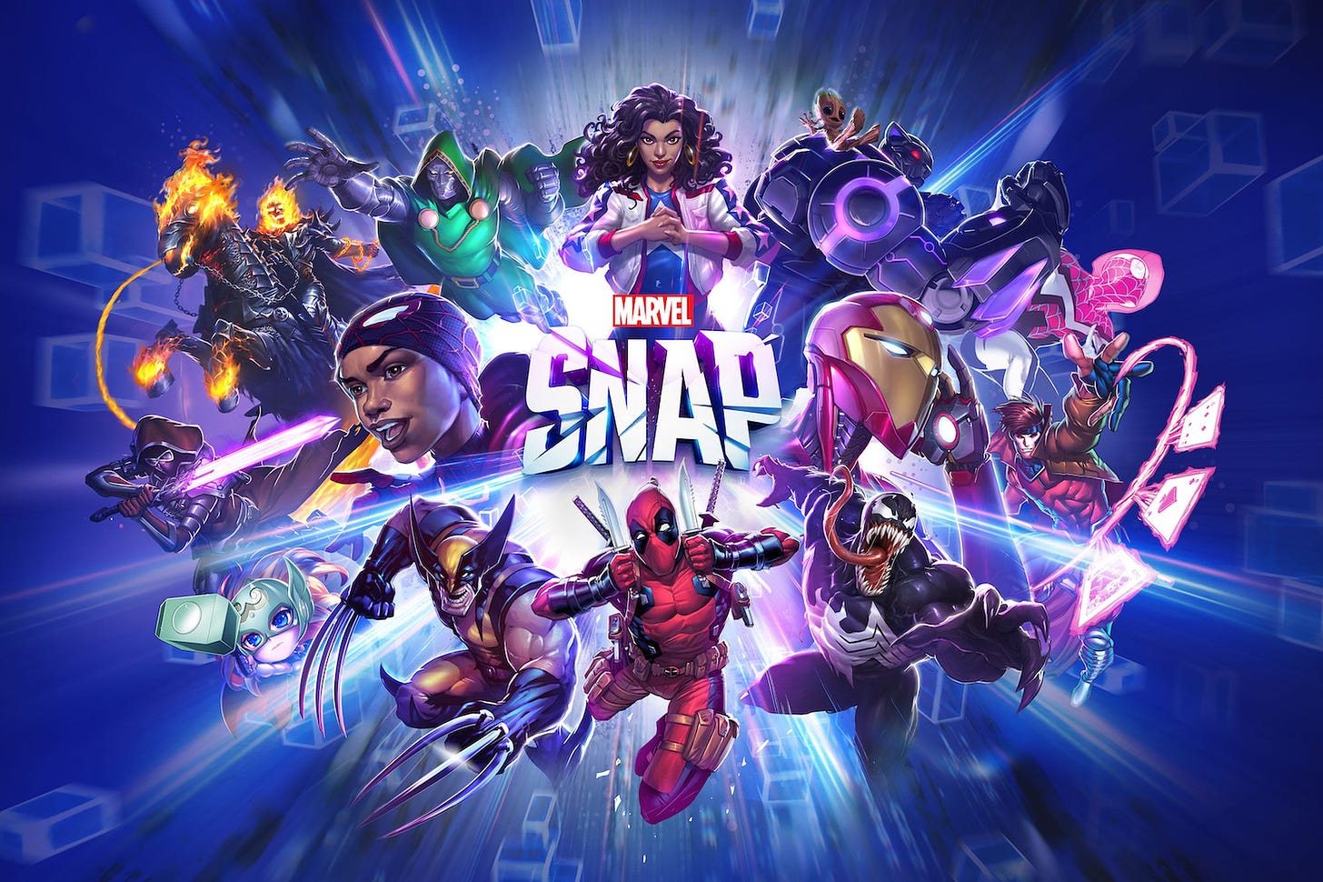 The promotional banner image for Marvel Snap, featuring a variety of Marvel Comics characters.