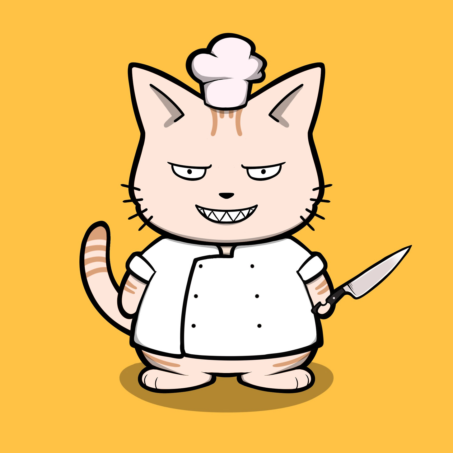 A cat in a chef's outfit with a knife.