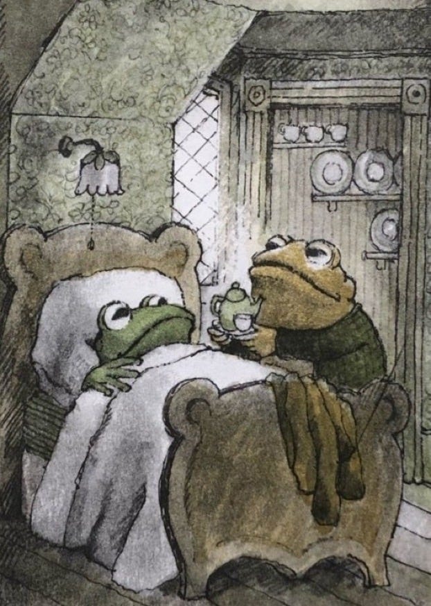 illustration from arnold lobel's frog and toad, frog is tucked in bed and toad is bringing frog tea