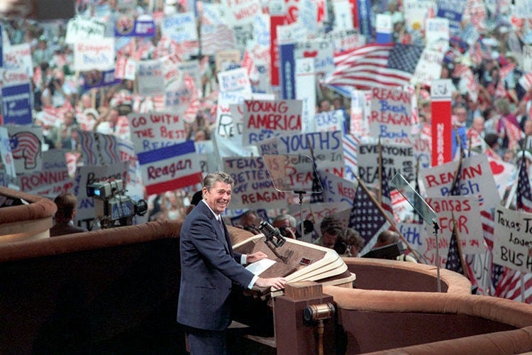 A photo of Ronald Reagan speaking at the 1984 Republican National Convention.