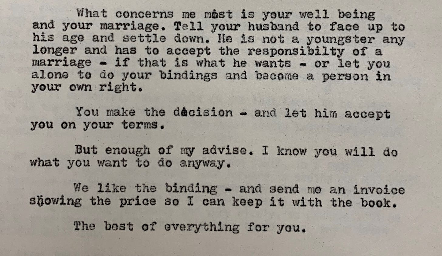 Letter from Thielman to Rennie advising her to tell her husband to get his shit together or to leave him for good.
