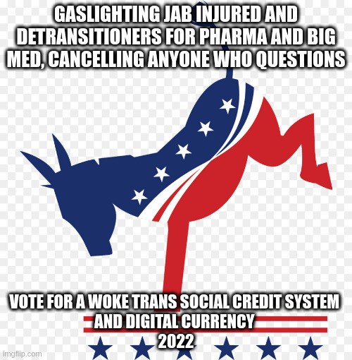  GASLIGHTING JAB INJURED AND DETRANSITIONERS FOR PHARMA AND BIG MED, CANCELLING ANYONE WHO QUESTIONS; VOTE FOR A WOKE TRANS SOCIAL CREDIT SYSTEM 
AND DIGITAL CURRENCY 
2022 | made w/ Imgflip meme maker