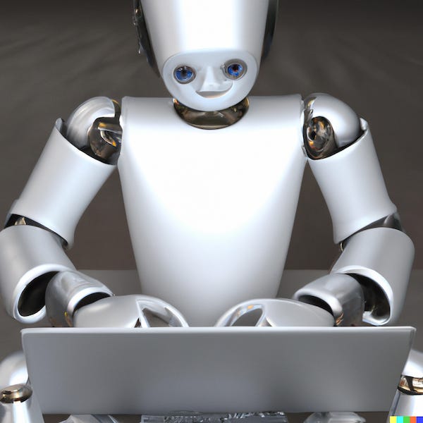 a smooth metal robot with blue eyes typing on a laptop (image made with DALL-E)