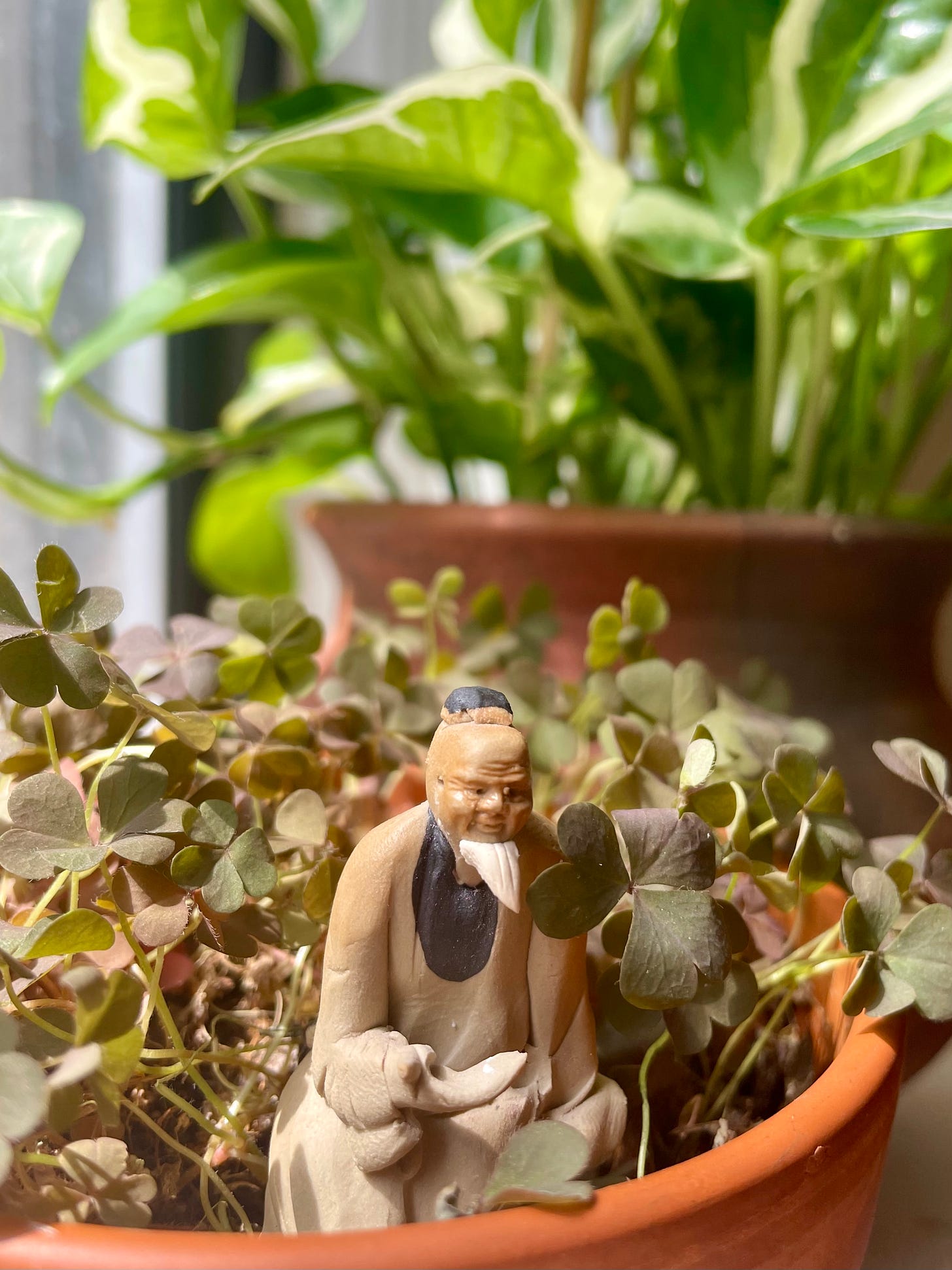 ID: Close up photo of a clay bonsai figurine in a pot.