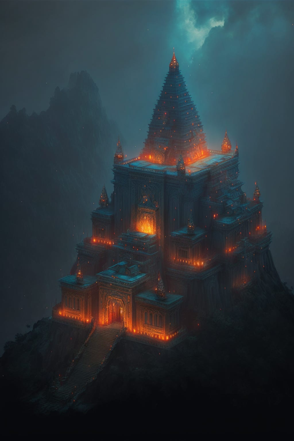 Majestic Ancient Temple, Moody, Anime Art, Birds-eye view, Fantasy Landscape, Volumetric Lighting, Digital painting, Marc Allante, Studio Ghibli, dramatic, Intricate detail, Beksinski, Andreas Rocha, Dan Luvisi