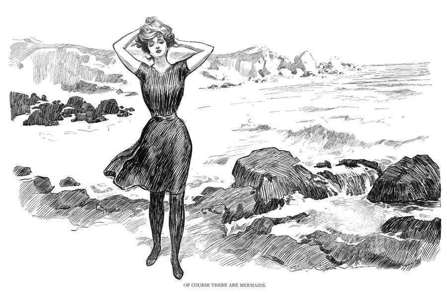 Sketch of Gibson Girl in historic swimming costume at a rocky beach.