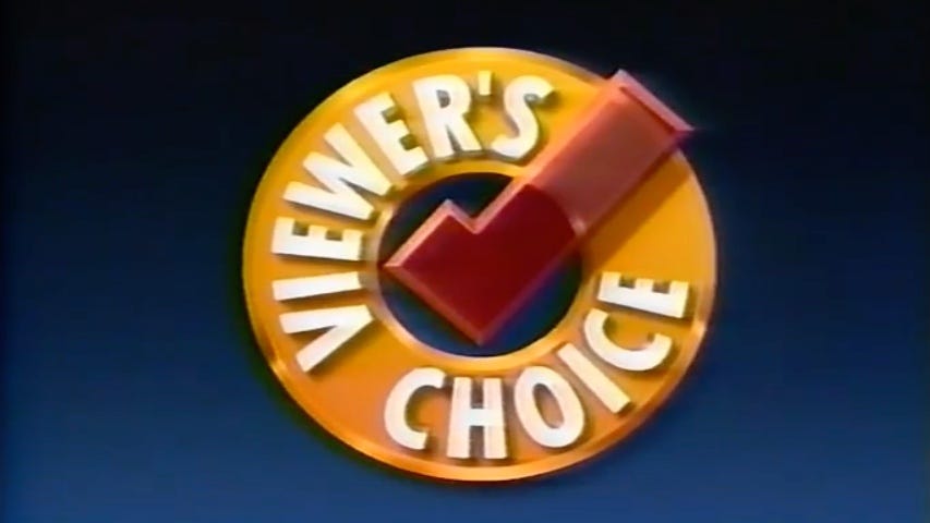 The old Viewer’s Choice logo from their pay-per-view intros. (Image source: YouTube screenshot.)