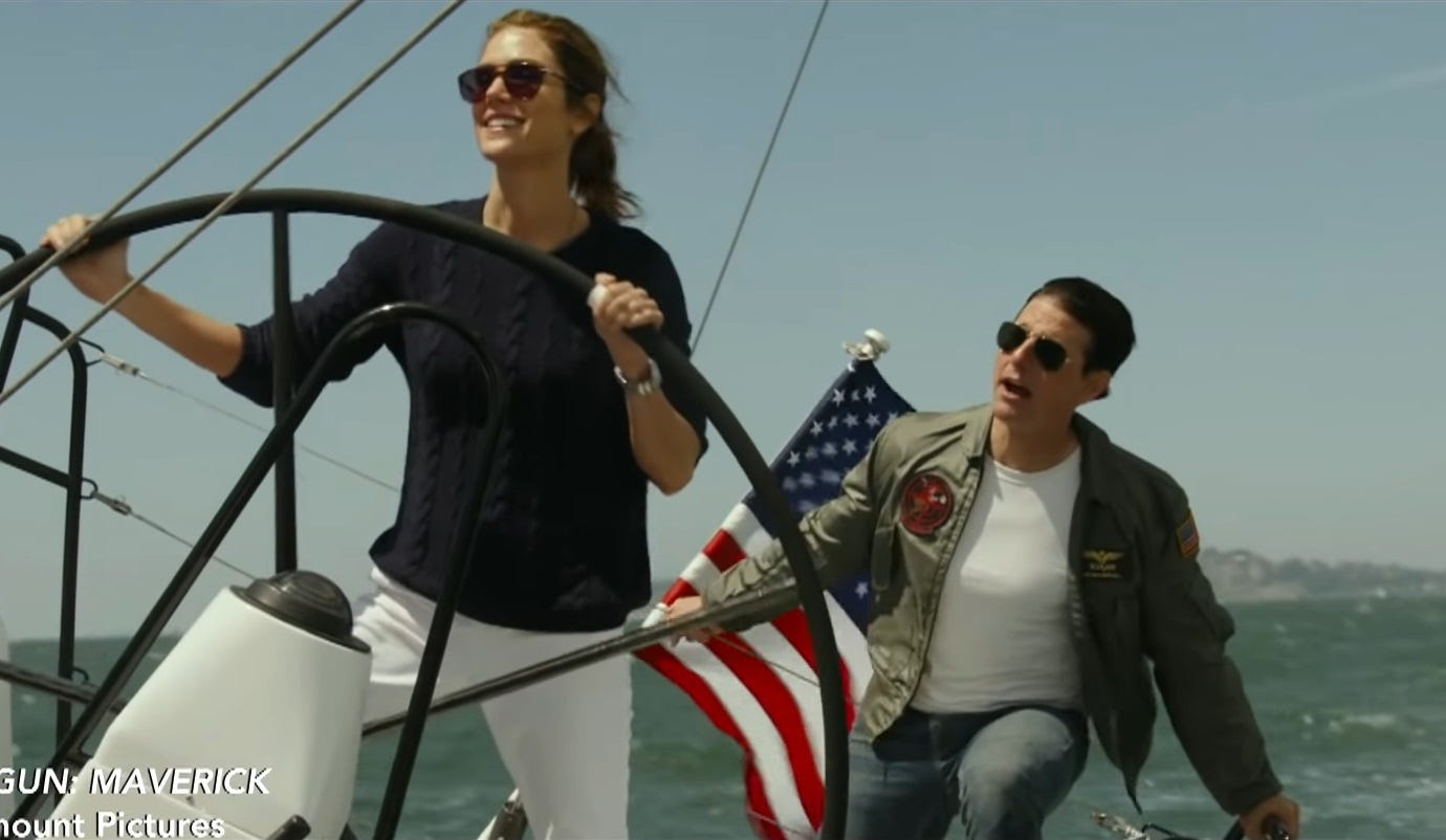 Kevin J. James on Twitter: "There's a scene in Top Gun Maverick where Tom  Cruise gets sailing lessons from Jennifer Connelly, and Cruise is wearing  his brown bomber jacket &amp; aviator sunglasses.