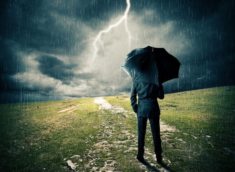 walking in a frightening rain storm