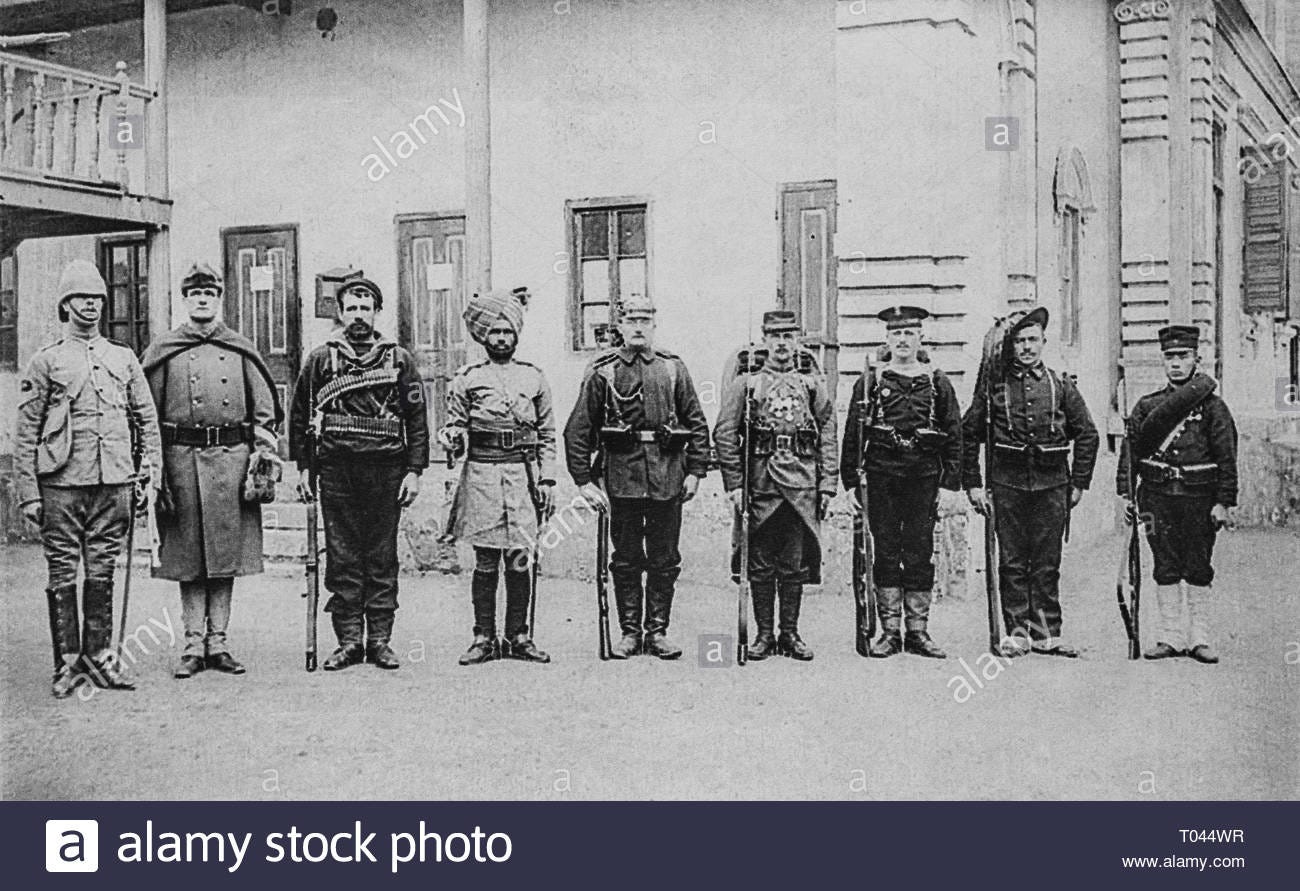 Boxer Rebellion, Troops of the Eight nations alliance of 1900 in China.  Left to right: Britain, United States, Australia (British Empire colony at  this time), India (British Empire colony at this time),