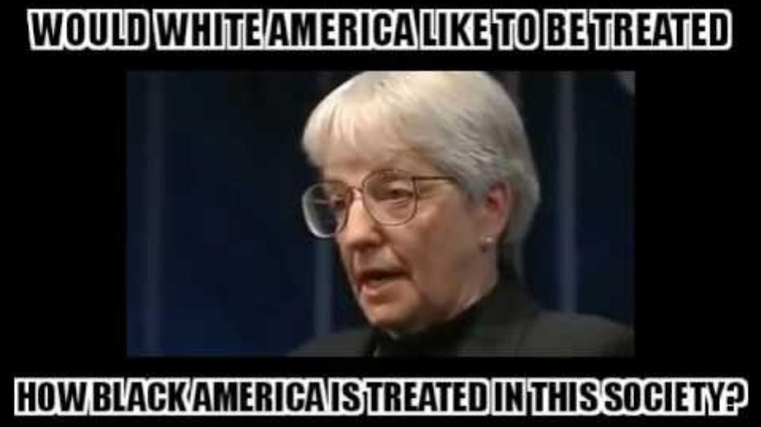 Image of Jane Elliott. "Would White America like to be treated how Black America is treated in this society?"