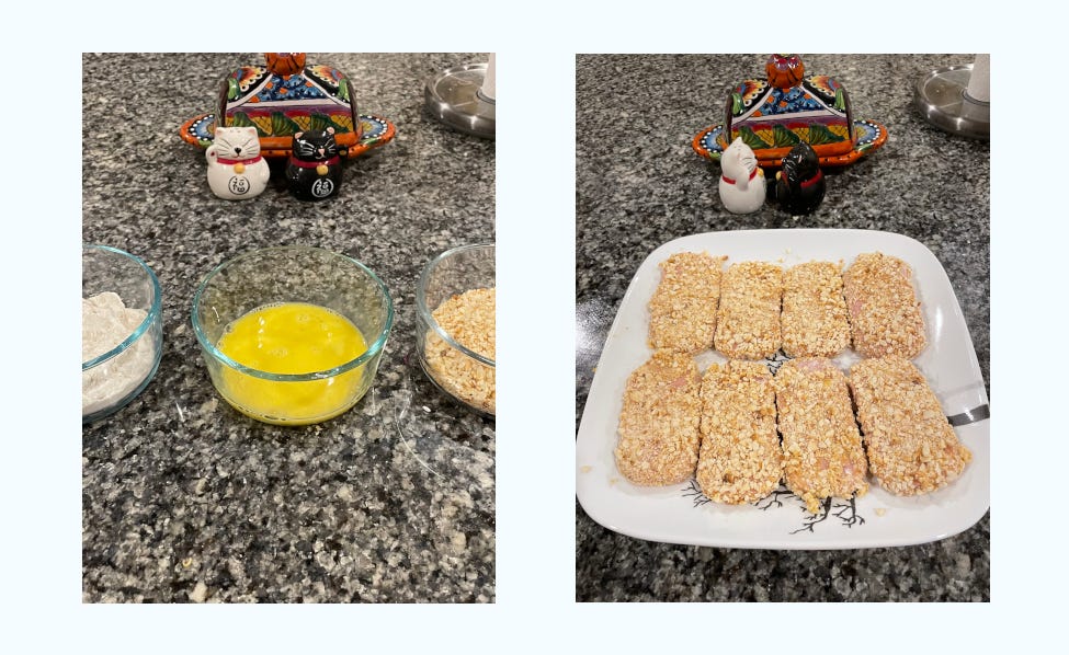 two pictures, one of a breading set up and another of breaded spam