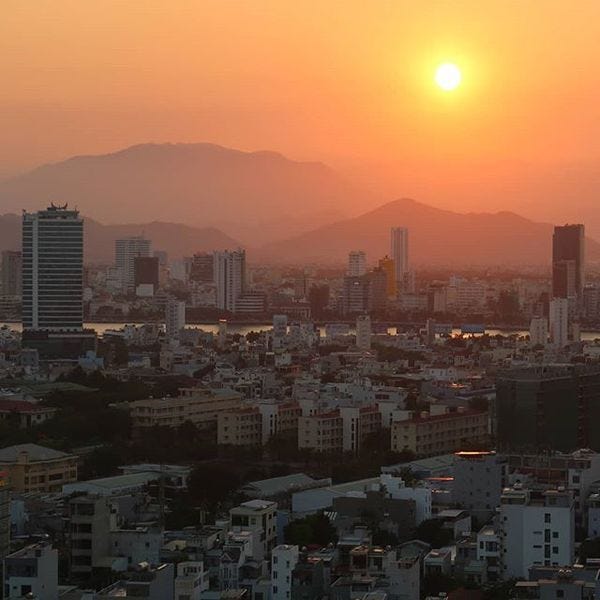 Da Nang sunset view from a rooftop bar.