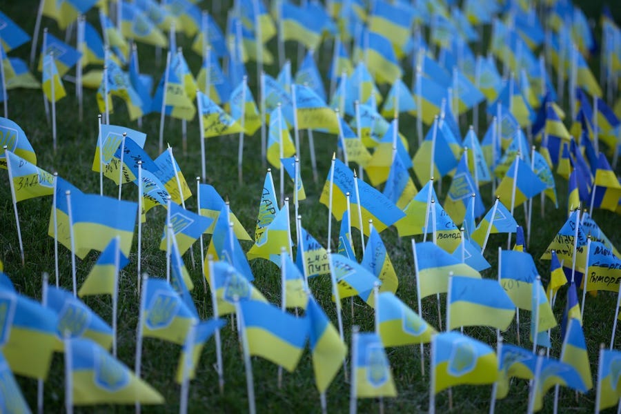 Ukrainian flags in memory of fallen soldiers flutter in the wind in Independance Square on June 06, 2022 in Kyiv, Ukraine.