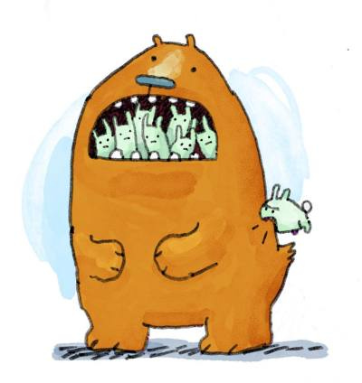 cartoon of large bear with a lot of rabbits in its mouth being bit on the rear by another (tiny and angry) bunny)