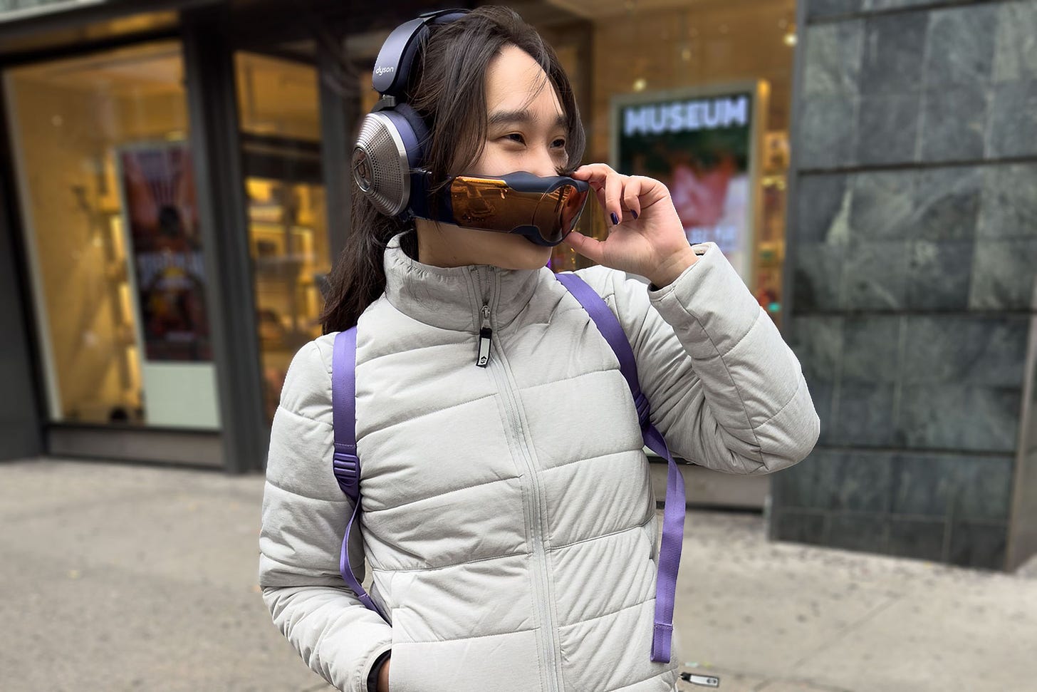 Woman wearing the Dyson Zone on the streets of New York.