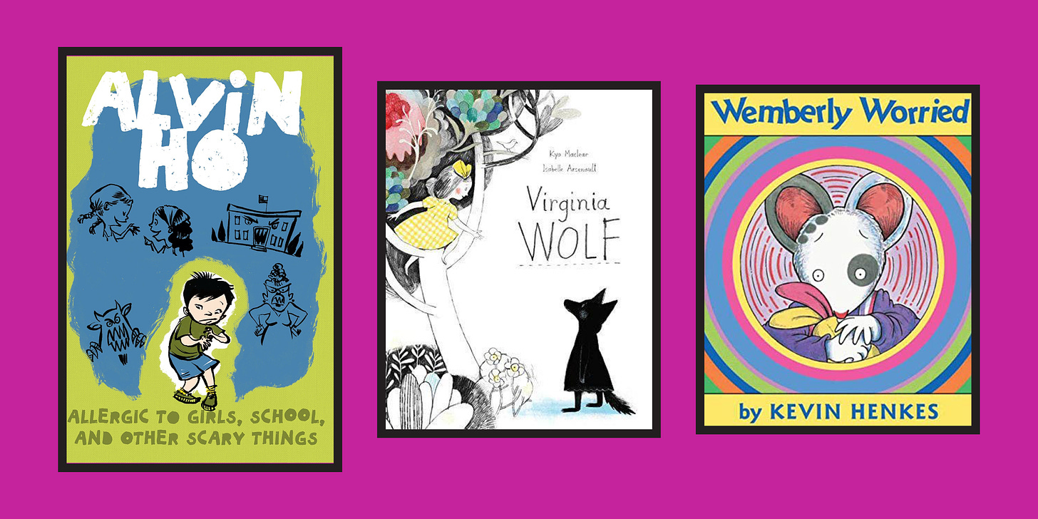 A graphic showing three book covers: Alvin Ho, Virginia Woolf, and Wemberly Worried.