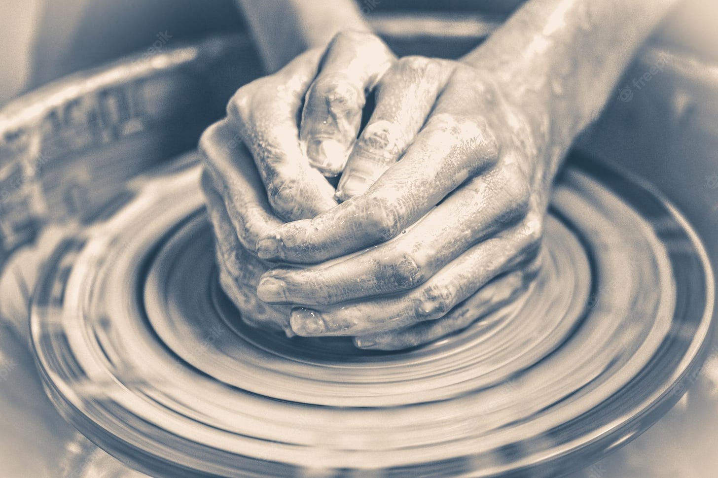 Premium Photo | Old vintage photo. master potter folded together hands  sculpts a clay product on a potter's wheel. hand skin stained with clay and  wet