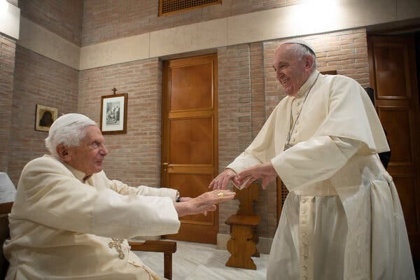 The retired Pope Benedict XVI, left, with Pope Francis at the Vatican in 2020.