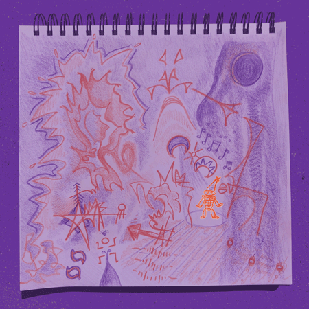 Rainbow Squared Year 5, Piece Eighteen: 37. Purple Orange. Animated loop of a sketchbook on a purple background with purple and orange lines drawn. A space is cleared as a spotlight and a drawing of an orange clown appears, then disappears. Then the spotlight goes out and the clown reappears.