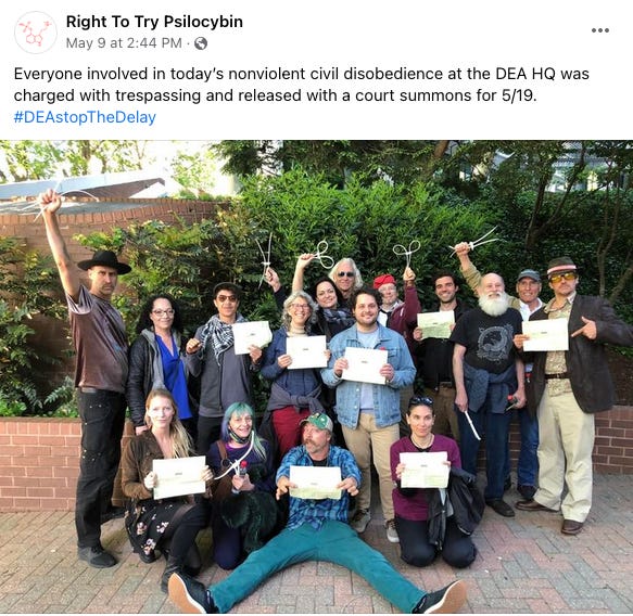 A photo from Right To Try's Facebook page showing protesters holding their zip tie handcuffs and court summons. The post text reads: "Everyone involved in today's nonviolent civil disobedience at the DEA HQ was charged with trespassing and released with a court summons for 5/19. #DEAstopTheDelay"