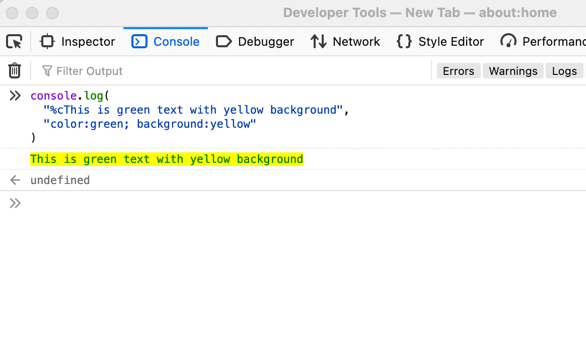 DevTools showing stylised log statements in the console