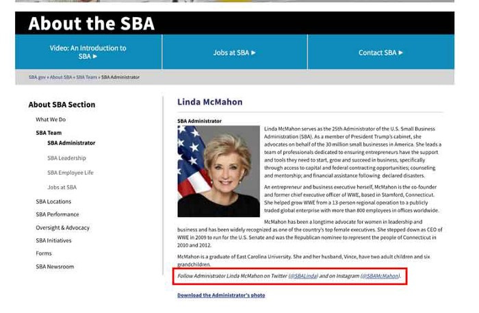 The About us page of the Small Business Administration. A person’s picture and Bio (Linda McMahon) is highlighted here, with certain text highlighting specific social media (Twitter and Instagram) users can use to find her.