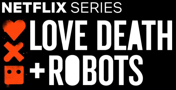 Love death and robots netflix series logo, horizontal. Black background with red heart, red x, and red robot face.