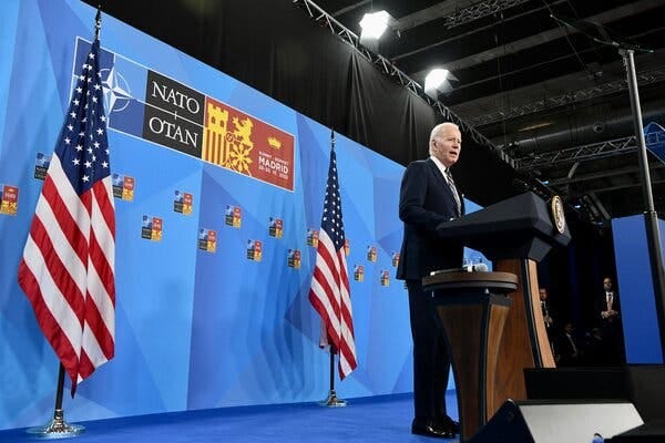 President Biden speaking Thursday during a news conference at the conclusion of the NATO summit in Madrid.
