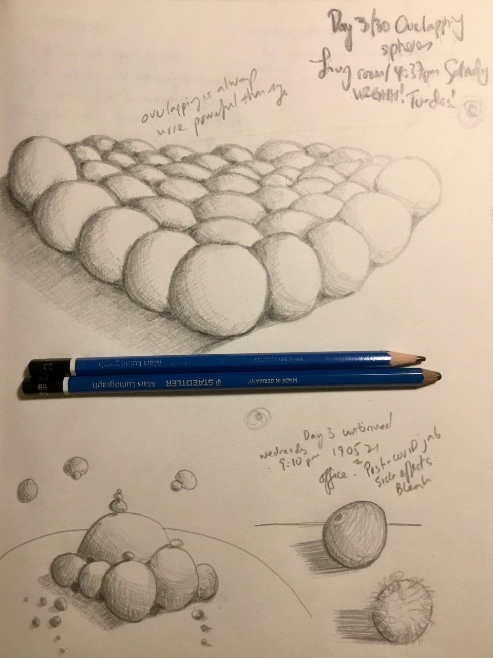 Pencil drawing of spheres with cross hatching