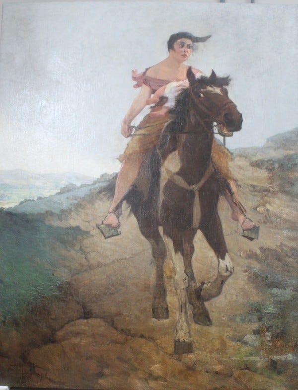 pintura retratando anita garibaldi, branca de cabelo preto, de vestido rosa, montada em um cavalo marrom correndo. no fundo, céu nublado