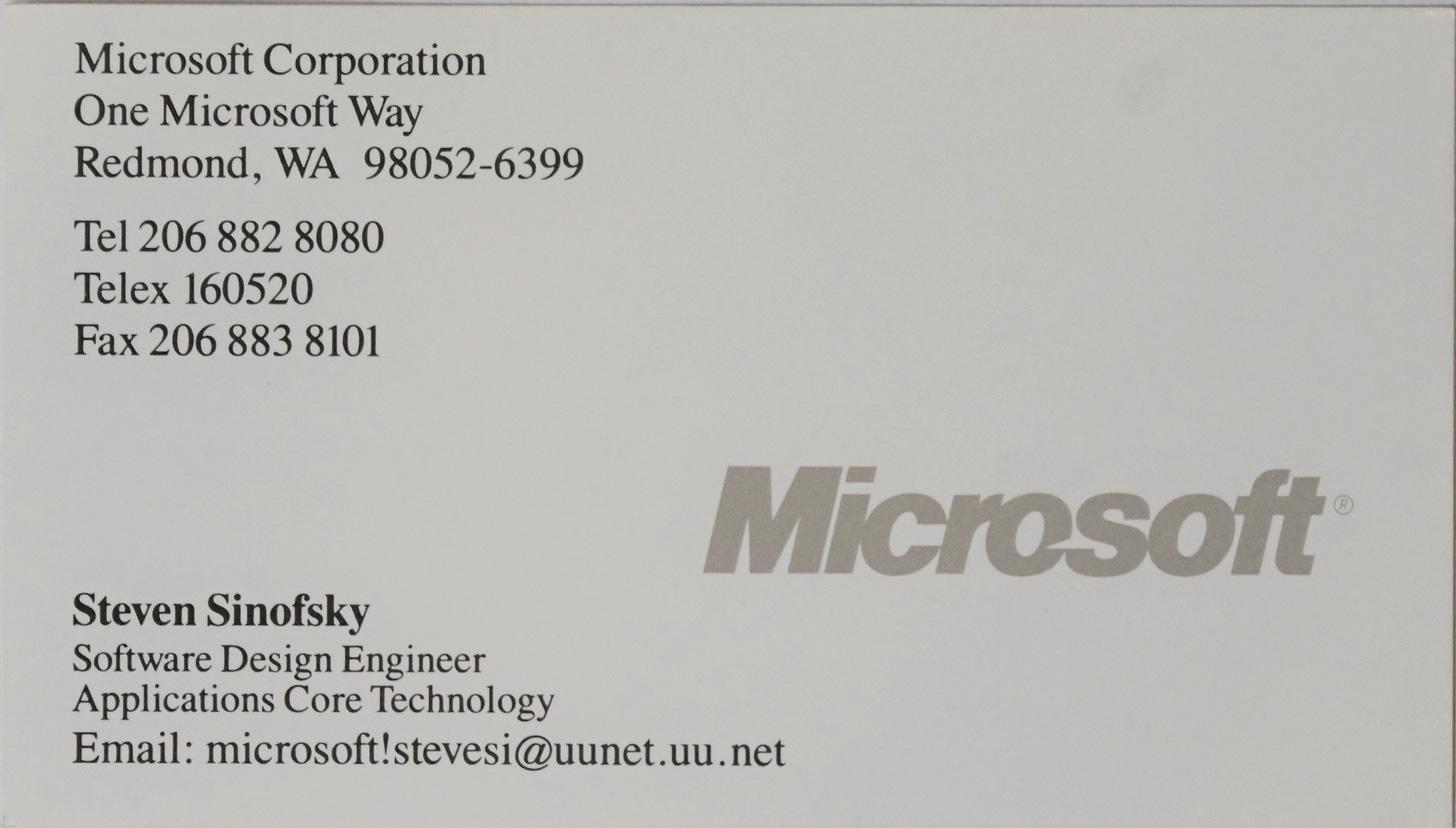 Microsoft business card. Notable is the email address is written in uunet format microsoft!stevesi@uunet.uu.net