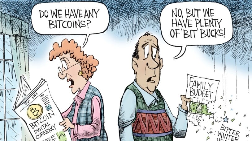 Political cartoon U.S. Bitcoin winter bills economy