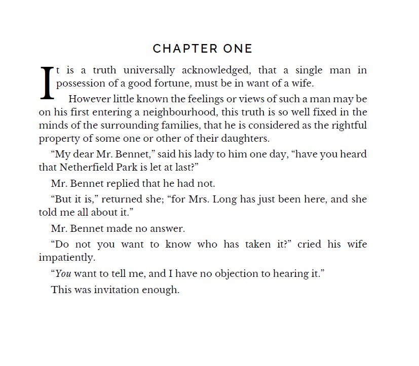 A typeset page of text showing the words "Chapter One" in Raleway display font and the first several paragraphs from Pride and Prejudice in Libre Baskerville body text.