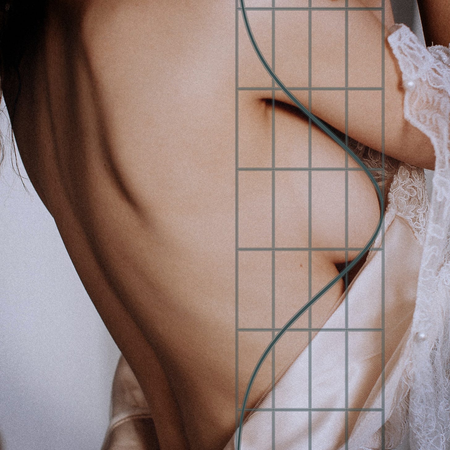 A woman standing in profile and undressing, with a normal distribution line graph superimposed so that the crest falls on her right breast.