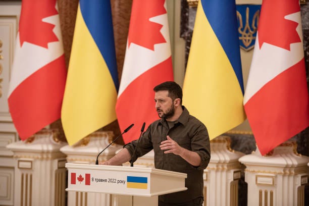 Ukrainian President Volodymyr Zelensky speaks at a news conference held jointly with Canadian Prime Minister Justin Trudeau on May 8, 2022 in Kyiv,...