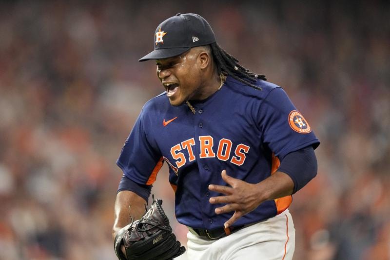 Houston Astros starting pitcher Framber Valdez celebrates a double play to end the top of the sixth inning in Game 2 of baseball's World Series between the Houston Astros and the Philadelphia Phillies on Saturday, Oct. 29, 2022, in Houston. (AP Photo/David J. Phillip)