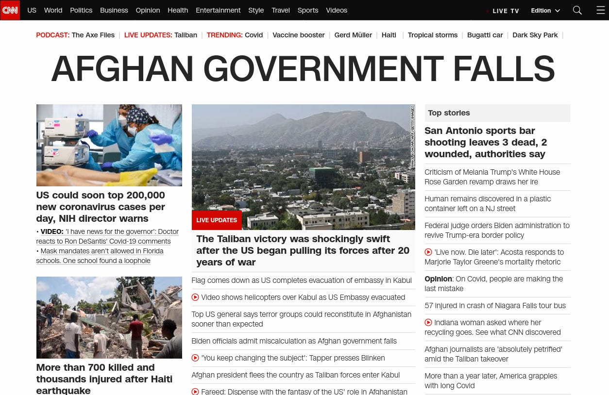 Screenshot of the front page of CNN's website with the all-uppercase lead headline "AFGHAN GOVERNMENT FALLS"