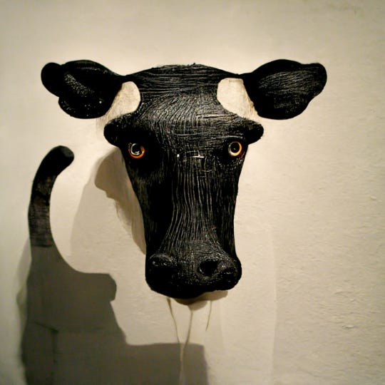 abstract floating mask of black and white cow
