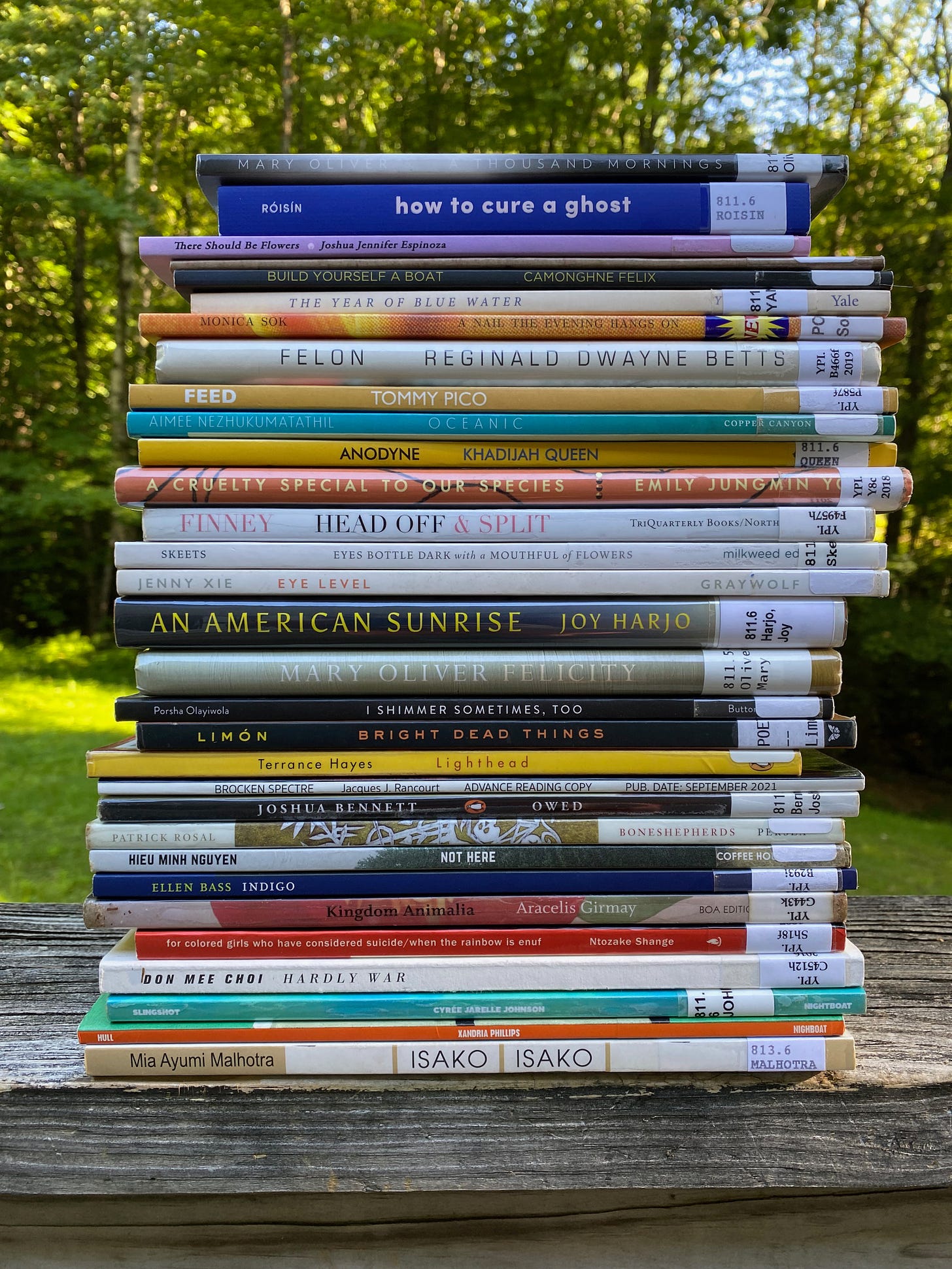 A tall stack of about 30 poetry books sitting on a wooden railing in front of trees.