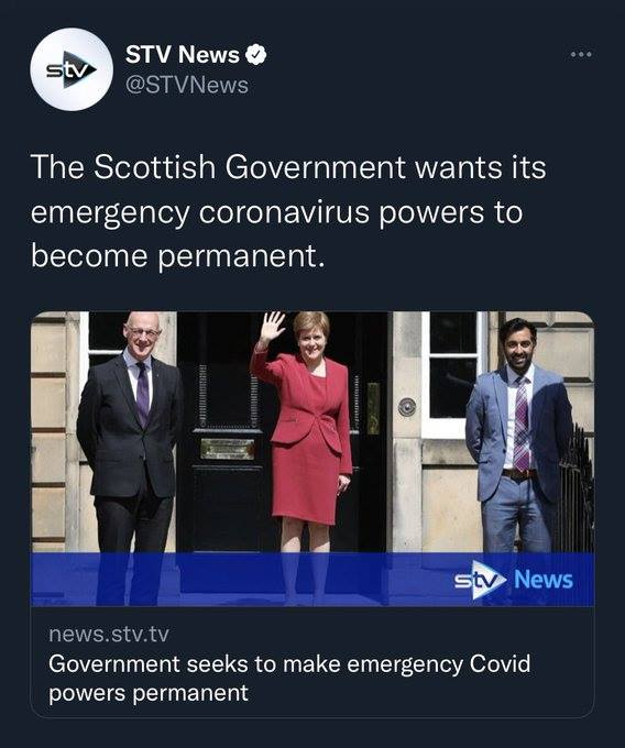 May be an image of 3 people, people standing and text that says 'stv STV News @STVNews The Scottish Government wants its emergency coronavirus oowers to become permanent. News news.stv.tv news. Government seeks to make emergency Covid powers permanent'