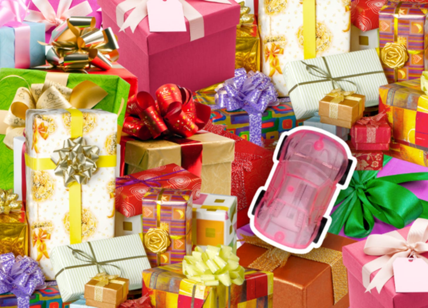 Graphic of a pink car over a background of wrapped gift boxes. Sales pages are like the Barbie dream house: are they selling something you don't need?