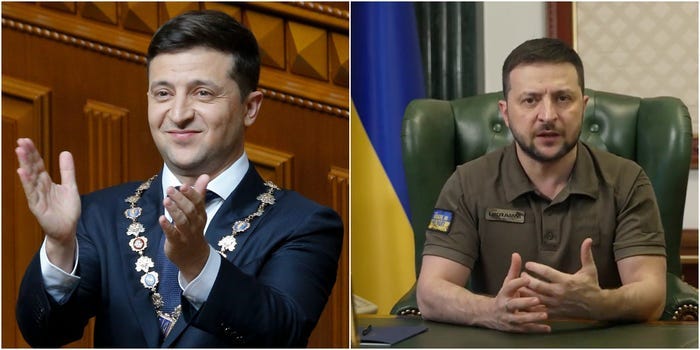 A composite image showing Volodymyr Zelenskyy clapping during his 2019 inauguration and speaking from a chair in military wear in May 2022.