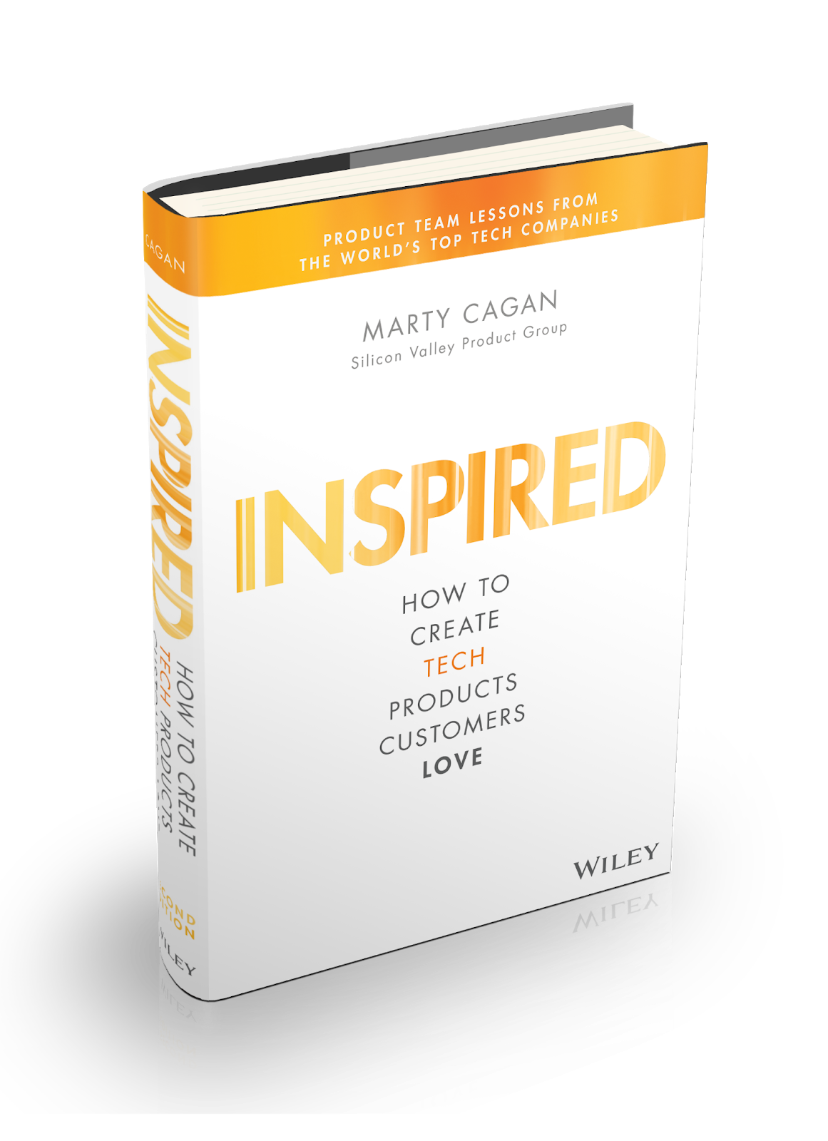 Imagem mostra projeção 3D do livro Inspired: How To Create Tech Products Customers Love, de Marty Cagan, com destaque para a capa e lombada.