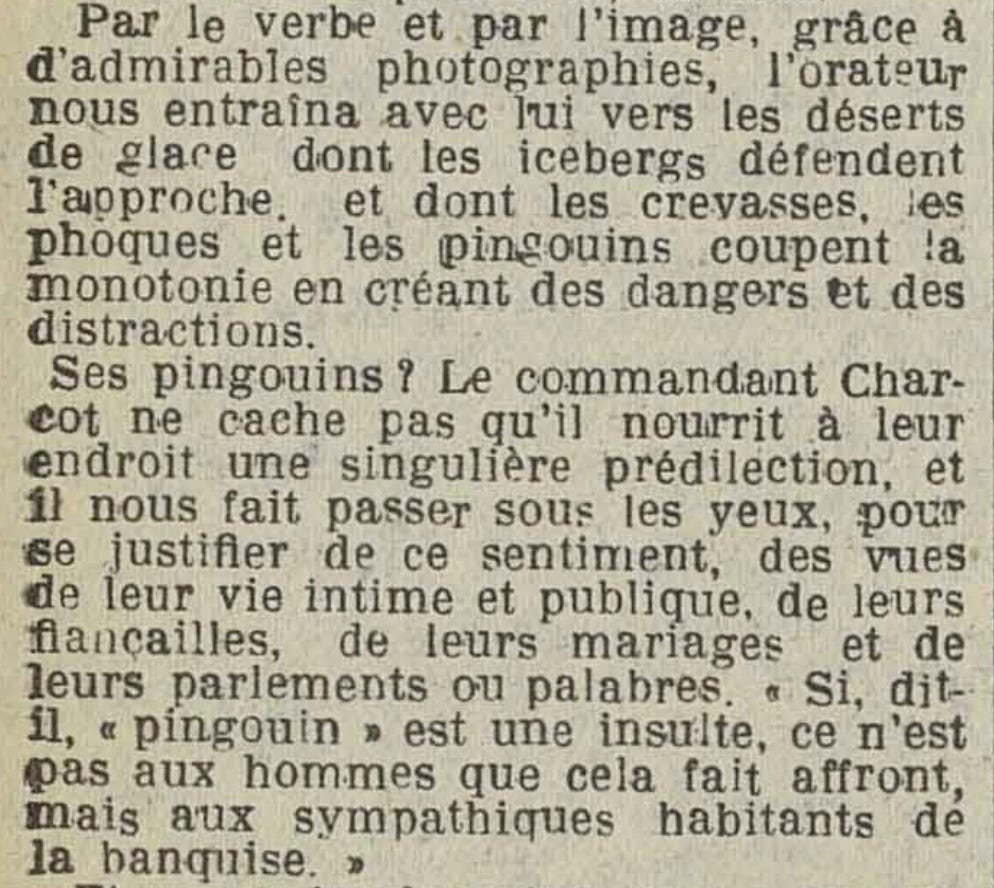 An account of Charcot's conference in Nancy on the 28th January 1931, with an emphasis on his description of the penguins (Le Télégramme des Vosges, 30 January 1931, p. 4).